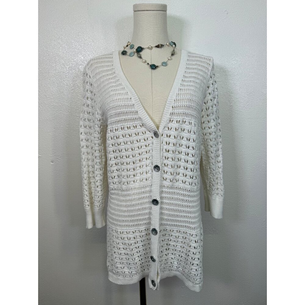 DKNY Women’s Large Cardigan Sweater White Ivory Knit Crochet 3/4 Sleeve cotton